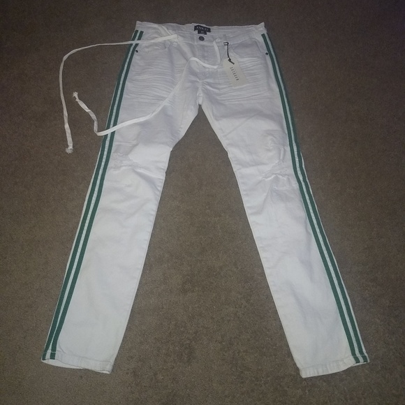 mens blue jeans with white stripe